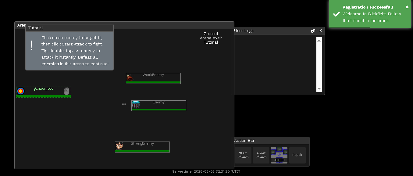 Registro completado e inicio de tutorial de Clickfight